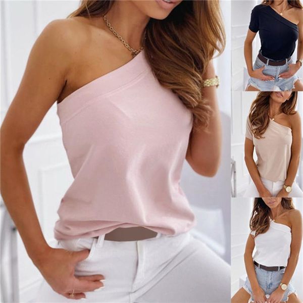 women summer solid color t-shirts one shoulder design short sleeve slim pullovers for streetwear women's t-shirt, White
women summer solid color t-shirts one shoulder design short sleeve slim pullovers for streetwear women's t-shirt, White
