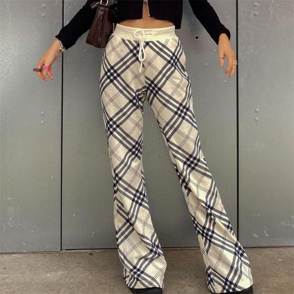 fashionable casual pants women's autumn plaid wide leg, Black;white