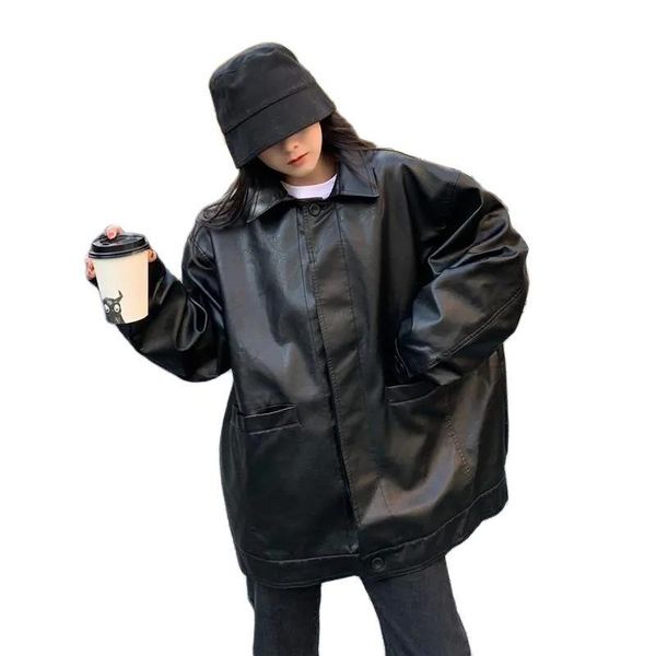 women's leather & faux fashionable puleather jacket woman 2021 spring and autumn style korean locomotive loose retro gothic, Black
women's leather & faux fashionable puleather jacket woman 2021 spring and autumn style korean locomotive loose retro gothic, Black