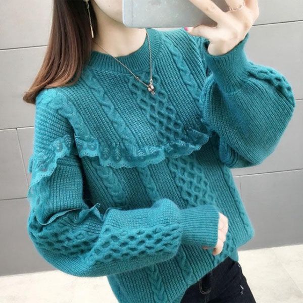 women's sweaters thick loose twist outerwear sweater lace edge winter hedging lantern sleeve knit bottoming women, White;black
women's sweaters thick loose twist outerwear sweater lace edge winter hedging lantern sleeve knit bottoming women, White;black