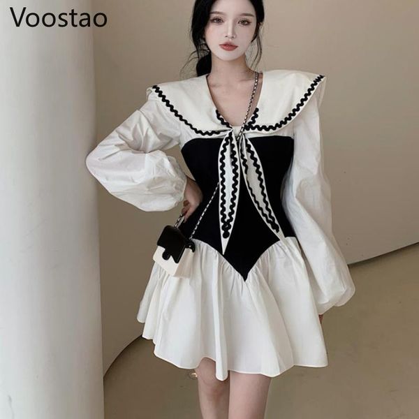 casual dresses spring autumn elegant women slim lace-up dress gothic sailor collar puff sleeve black white party female chic vestidos, Black;gray
casual dresses spring autumn elegant women slim lace-up dress gothic sailor collar puff sleeve black white party female chic vestidos, Black;gray