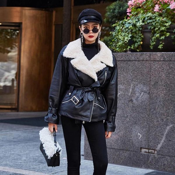 women's fur & faux 2021 winter lady thick warm turn down collar leather coat with belt women loose lamb pu jacket motorcycle outerwear, Black
women's fur & faux 2021 winter lady thick warm turn down collar leather coat with belt women loose lamb pu jacket motorcycle outerwear, Black
