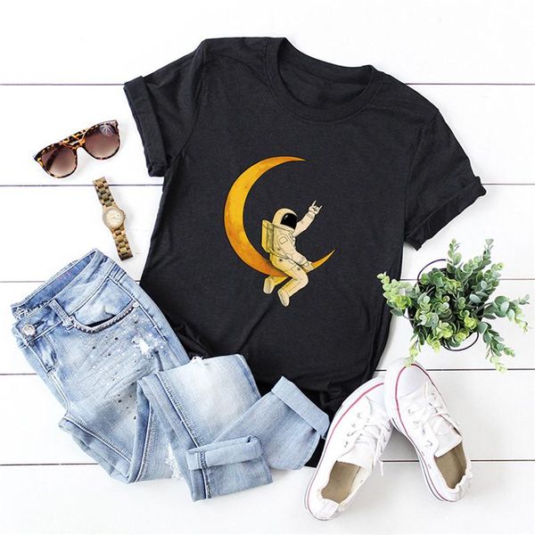 women's t-shirt graphic t shirts women funny moon astronaut print plus size tshirt o neck short sleeve tees 100%cotton summer, White
