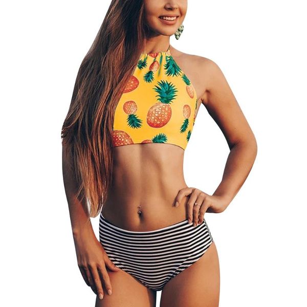 women's swimwear bikini set wire-padded halter print bra triangle high waist striped panty swimming suit bathing, White;black
women's swimwear bikini set wire-padded halter print bra triangle high waist striped panty swimming suit bathing, White;black