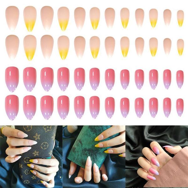 24pcs gradient full cover false nails ballerina fake detachable nail art1, Red;gold
