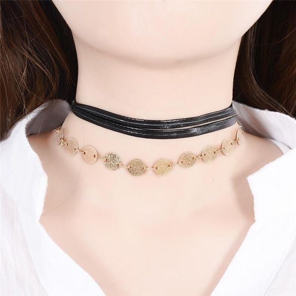 pc pinksee multilayers wrap black leather choker necklace metal wafer decoration women fashion jewelry chokers, Golden;silver
pc pinksee multilayers wrap black leather choker necklace metal wafer decoration women fashion jewelry chokers, Golden;silver