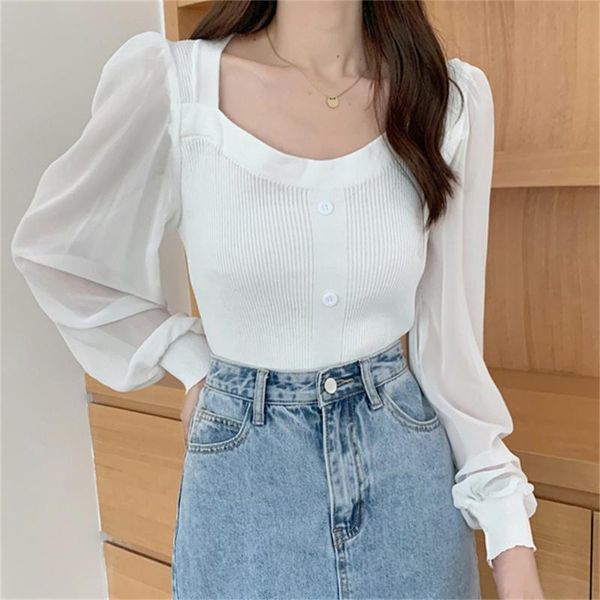 women's blouses & shirts hzirip patchwork knitted basic high street slim office lady 2021 square collar ol femme gentle chic fashion, White
women's blouses & shirts hzirip patchwork knitted basic high street slim office lady 2021 square collar ol femme gentle chic fashion, White