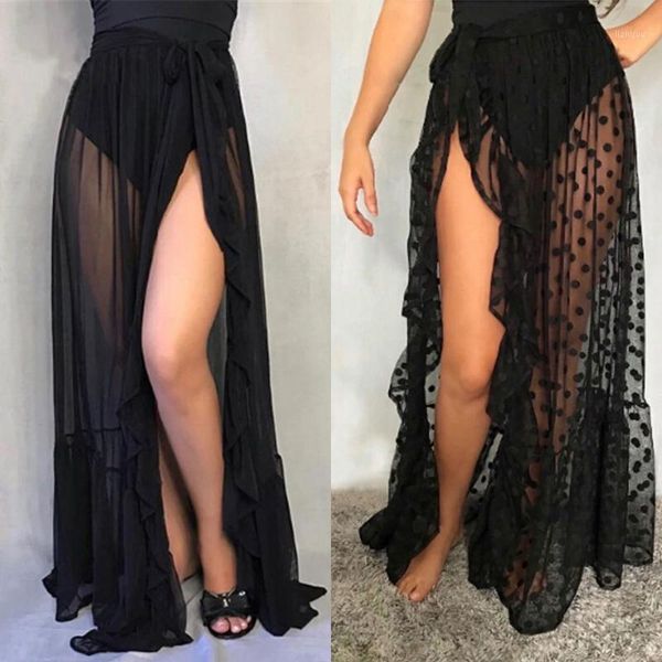 women mesh sheer beach bikini cover ups vacation sunscreen wrap skirt 2021 ruffles dot high waist split up veil women's swimwear, White;black
women mesh sheer beach bikini cover ups vacation sunscreen wrap skirt 2021 ruffles dot high waist split up veil women's swimwear, White;black