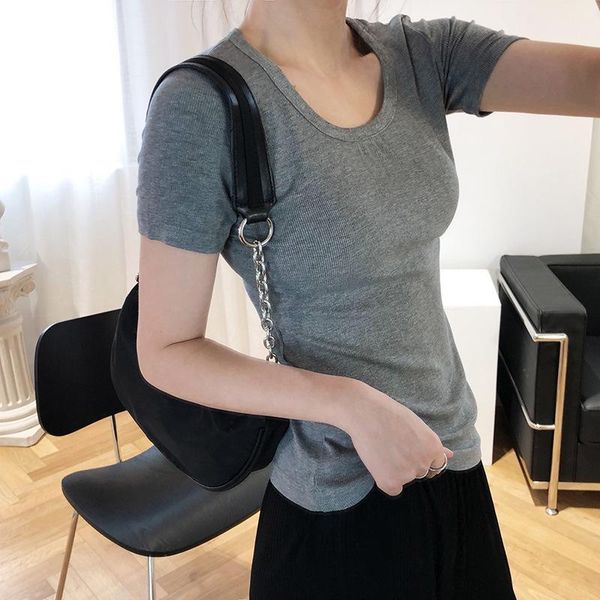 women's t-shirt u-neck knitted short sleeve women slim fit thin clavicle bottoming simple casual all match tshirts summer, White
women's t-shirt u-neck knitted short sleeve women slim fit thin clavicle bottoming simple casual all match tshirts summer, White