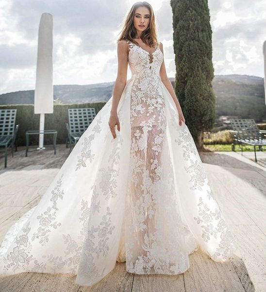 deep v neck country lace a line wedding dresses with detachable train appliqued plus size bridal gowns, White
deep v neck country lace a line wedding dresses with detachable train appliqued plus size bridal gowns, White