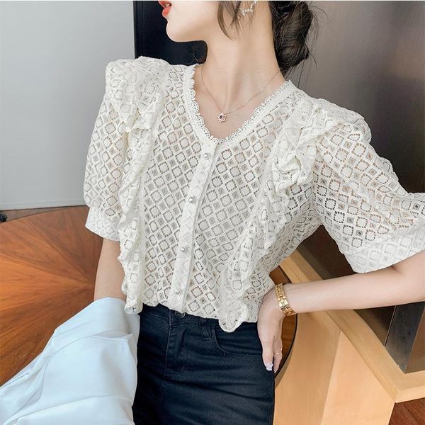 women's blouses & shirts korean 2021 summer temperament v-neck ruffle lace blouse short sleeve design sense minority hollow out top, White
women's blouses & shirts korean 2021 summer temperament v-neck ruffle lace blouse short sleeve design sense minority hollow out top, White