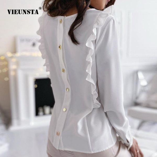 women fashion button blouse shirts office lady elegant double ruffle pullover spring autumn casual solid o neck blusas women's blouses, White
women fashion button blouse shirts office lady elegant double ruffle pullover spring autumn casual solid o neck blusas women's blouses, White