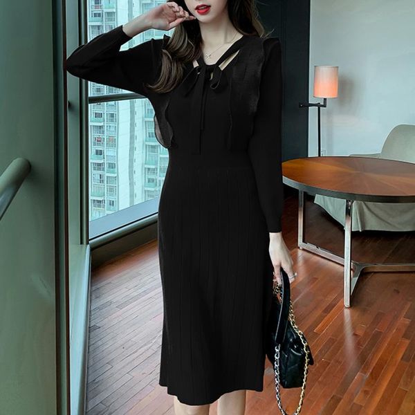 casual dresses french knitted style autumn 2021 red fashion v-neck bandage slim high waist robe femme korean party vestidos, Black;gray 
casual dresses french knitted style autumn 2021 red fashion v-neck bandage slim high waist robe femme korean party vestidos, Black;gray