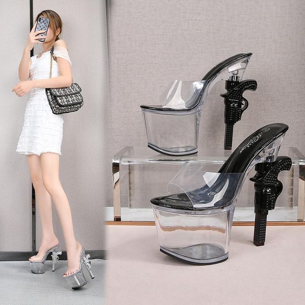 17cm super high heels platform heel sandals nightclub fish mouth shoes slippers, Black
17cm super high heels platform heel sandals nightclub fish mouth shoes slippers, Black