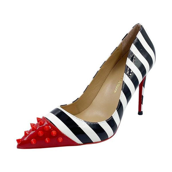 red white strips patent leather studs toe classical design women high heels pumps shoes dress, Black
red white strips patent leather studs toe classical design women high heels pumps shoes dress, Black