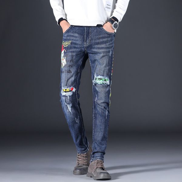 jeans autumn and winter multi hole men's printed personality badge patch scrape beggar korean chao brand pants, Blue
jeans autumn and winter multi hole men's printed personality badge patch scrape beggar korean chao brand pants, Blue