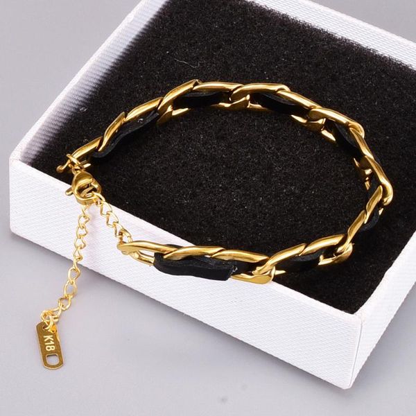 link, chain fashion design 18k gold plated vintage korean leather rope bracelet for ladies, Black
link, chain fashion design 18k gold plated vintage korean leather rope bracelet for ladies, Black