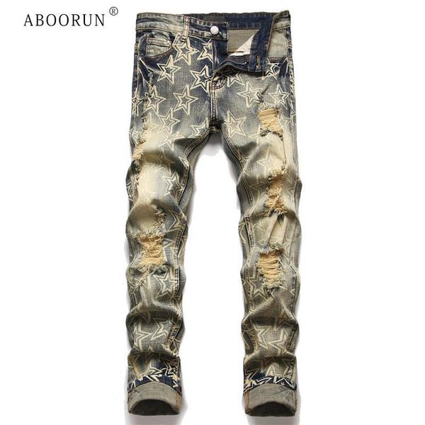 men's jeans aboorun vintage broken hole stars printed stretch slim fit denim pants for male, Blue
men's jeans aboorun vintage broken hole stars printed stretch slim fit denim pants for male, Blue