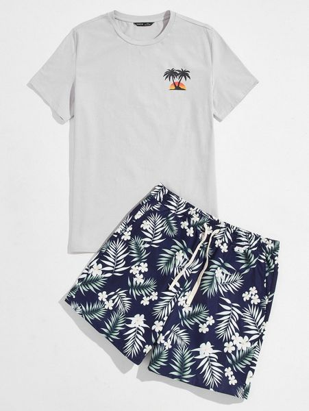 men tree & sun print tee and tropical shorts set d0ok#, Gray