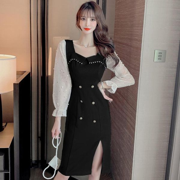 #5073 spring autumn black a line dress split spliced mesh long sleeved double breasted high waisted ladies dresses square collar casual, Black;gray
#5073 spring autumn black a line dress split spliced mesh long sleeved double breasted high waisted ladies dresses square collar casual, Black;gray