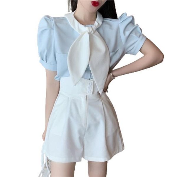 women two-piece set solid color bowknot puff sleeve loose shirt high waist wide leg pants shorts fashion t3032 women's two piece, White
women two-piece set solid color bowknot puff sleeve loose shirt high waist wide leg pants shorts fashion t3032 women's two piece, White