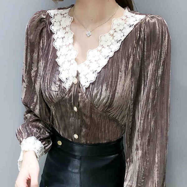 women's blouses & shirts autumn vintage v-neck velvet shirt for women lace patchwork pleuche short m72o, White
women's blouses & shirts autumn vintage v-neck velvet shirt for women lace patchwork pleuche short m72o, White