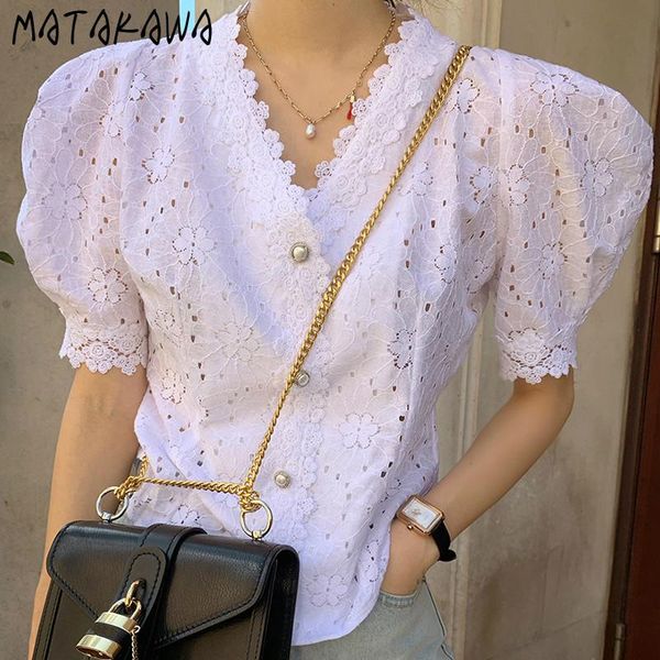women's blouses & shirts matakawa gentle v-neck ladies chic single-breasted women hook flower hollow out loose puff sleeve blusas, White
women's blouses & shirts matakawa gentle v-neck ladies chic single-breasted women hook flower hollow out loose puff sleeve blusas, White