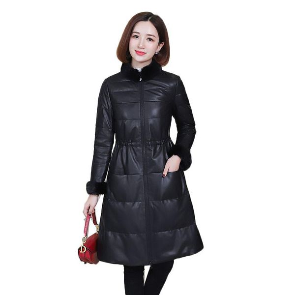 women winter pu leather jacket 2021 fashion slim down cotton faux coat long fur collar parkas 2216 women's &, Black 
women winter pu leather jacket 2021 fashion slim down cotton faux coat long fur collar parkas 2216 women's &, Black