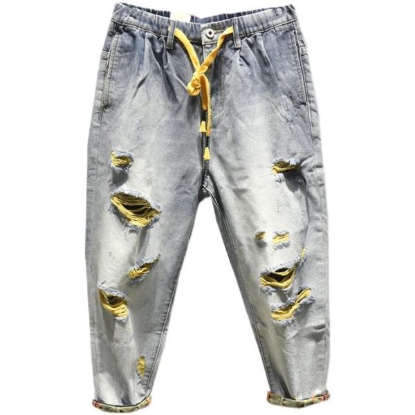 men's jeans summer 2021 ripped hole harem pants ankle length loose contrast color beggar, Blue
men's jeans summer 2021 ripped hole harem pants ankle length loose contrast color beggar, Blue
