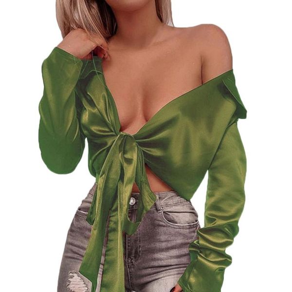 women's blouses & shirts women fashion bandage v-neck shirt casual solid color crop long sleeve female clothing, White
women's blouses & shirts women fashion bandage v-neck shirt casual solid color crop long sleeve female clothing, White