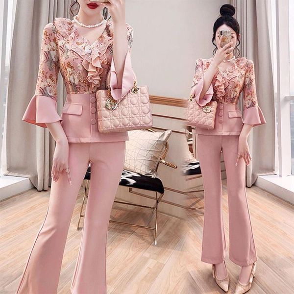 women's two piece pants autumn suit french small fragrance broken flower covering shirt slim flared professional two-piece set, White
women's two piece pants autumn suit french small fragrance broken flower covering shirt slim flared professional two-piece set, White
