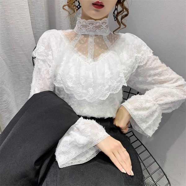 women's blouses & shirts solid elegant lace chiffon blouse women ruffle designer female office lady patchwork french style korean 2021, White
women's blouses & shirts solid elegant lace chiffon blouse women ruffle designer female office lady patchwork french style korean 2021, White