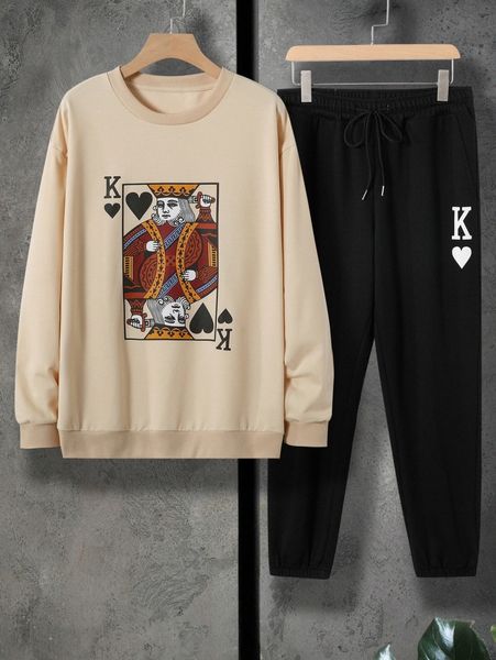 men playing card print drop shoulder sweatshirt & drawstring waist sweatpants n4nc#, Gray
men playing card print drop shoulder sweatshirt & drawstring waist sweatpants n4nc#, Gray