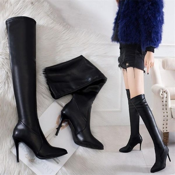 boots high pointed thin heel elastic leg super leather over the knee, Black