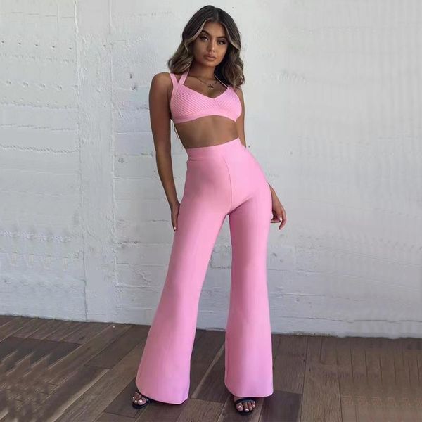 women's two piece pants wholesale pink short spaghetti strap v-neck bandage flared trousers two-piece suit celebrity sets, White 
women's two piece pants wholesale pink short spaghetti strap v-neck bandage flared trousers two-piece suit celebrity sets, White