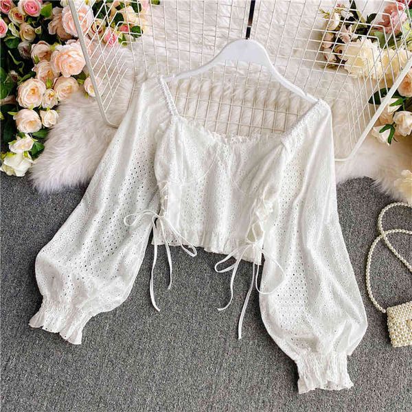 casual square collar black/white hollow out short women elegant lantern long sleeve drawstring blouse female spring summer 210426
casual square collar black/white hollow out short women elegant lantern long sleeve drawstring blouse female spring summer 210426