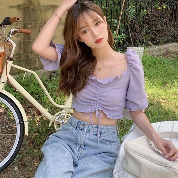 women's sweet square collar half sleeve shirts chic drawstring ruffles woman blouses &, White
women's sweet square collar half sleeve shirts chic drawstring ruffles woman blouses &, White