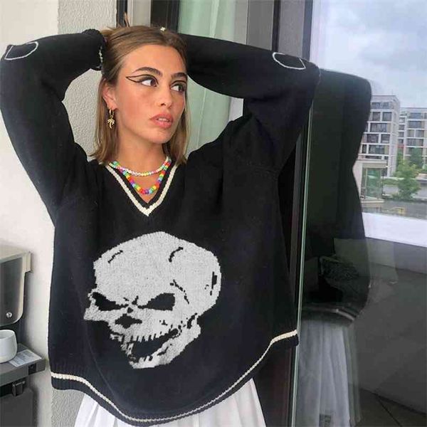 punk skulls knitted long sleeve pink woman sweaters female streetwear autumn v neck pullover y2k jumper winter clothes 210510, White;black
punk skulls knitted long sleeve pink woman sweaters female streetwear autumn v neck pullover y2k jumper winter clothes 210510, White;black