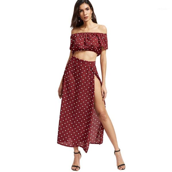 two piece dress vintage red polka dot women sets maxi dresses + crop off shoulder ladies chiffon ruffle cropped beach split skirts, White
two piece dress vintage red polka dot women sets maxi dresses + crop off shoulder ladies chiffon ruffle cropped beach split skirts, White