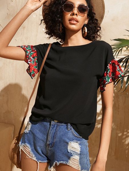 floral print flounce sleeve f3mo#, White