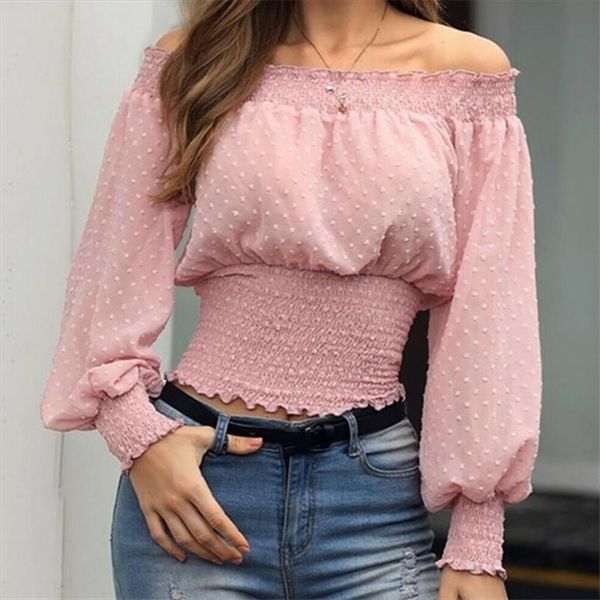 spring summer women shirts off shoulder pink casual puff sleeve shirt elegant ladies bandage, White 
spring summer women shirts off shoulder pink casual puff sleeve shirt elegant ladies bandage, White