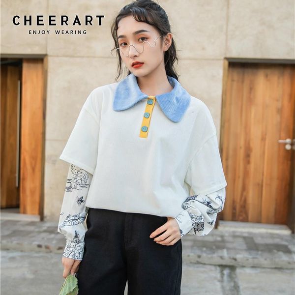 women's hoodies & sweatshirts cheerart color block collared sweatshirt women white long sleeve loose patchwork korean streetwear autumn, Black
women's hoodies & sweatshirts cheerart color block collared sweatshirt women white long sleeve loose patchwork korean streetwear autumn, Black
