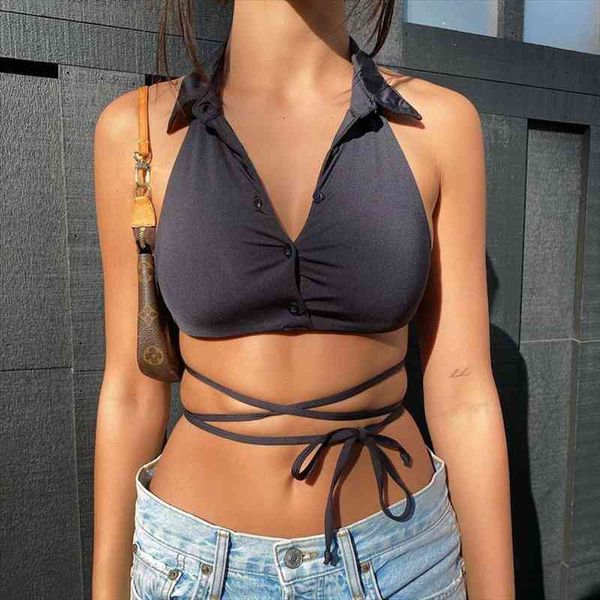 halter tank turn-down collar v neck sleeveless lace up vest backless bandage slim black crop streetwear, White
halter tank turn-down collar v neck sleeveless lace up vest backless bandage slim black crop streetwear, White