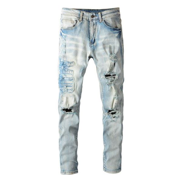 men's jeans street style fashion men retro elastic slim fit ripped embroidery designer destroyed casual denim hole pants, Blue
men's jeans street style fashion men retro elastic slim fit ripped embroidery designer destroyed casual denim hole pants, Blue