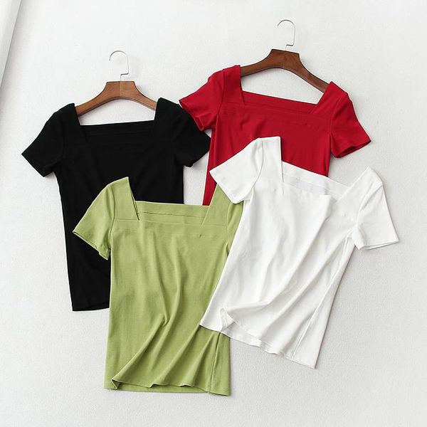 women's t-shirt camisetas short-sleeve women tee square collar solid color mujer dm001, White
women's t-shirt camisetas short-sleeve women tee square collar solid color mujer dm001, White