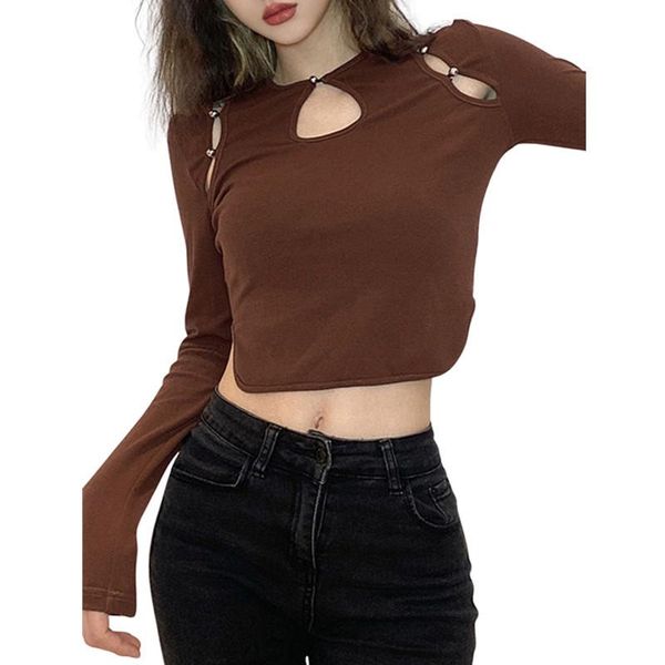 women cut out crop round neck button connected long sleeves brown for spring t-shirs women's t-shirt, White
women cut out crop round neck button connected long sleeves brown for spring t-shirs women's t-shirt, White