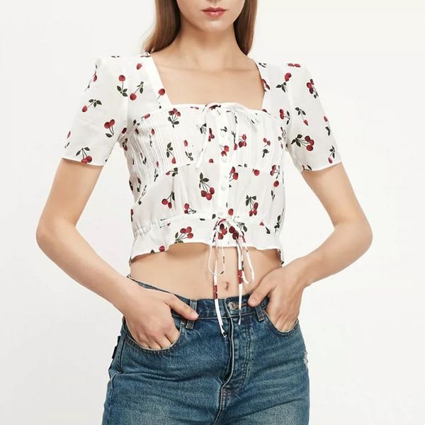 sweaters 2021 cherry print women's blouse ladies square collar lace-up sleeve slim fashion pleated short shirts top, White;black
sweaters 2021 cherry print women's blouse ladies square collar lace-up sleeve slim fashion pleated short shirts top, White;black