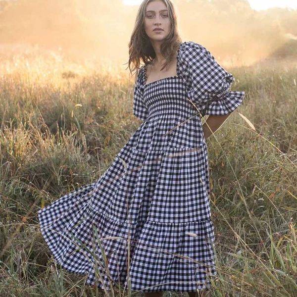 casual dresses 2021 vintage plaid cotton summer dress for women bow tied back smocked bust midi boho beach female vestidos, Black;gray
casual dresses 2021 vintage plaid cotton summer dress for women bow tied back smocked bust midi boho beach female vestidos, Black;gray