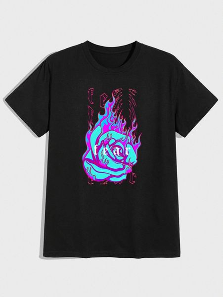 romwe guys letter rose graphic tee x5fv#, White;black