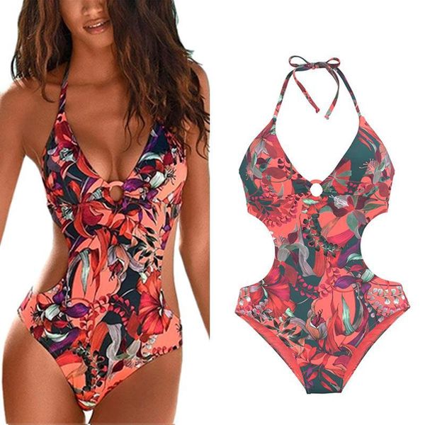 women's swimwear floral printing women waist hollow out retro design halter swimsuit summer, White;black
women's swimwear floral printing women waist hollow out retro design halter swimsuit summer, White;black